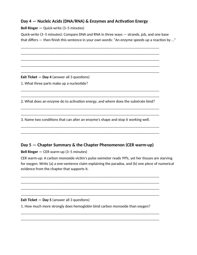 Chemistry of Life & Biological Molecules Bell Ringers & Exit Tickets sample page