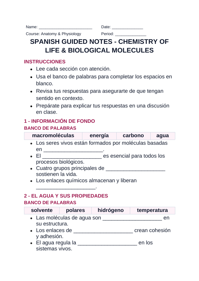 Chemistry of Life & Biological Molecules Spanish Guided Notes sample page