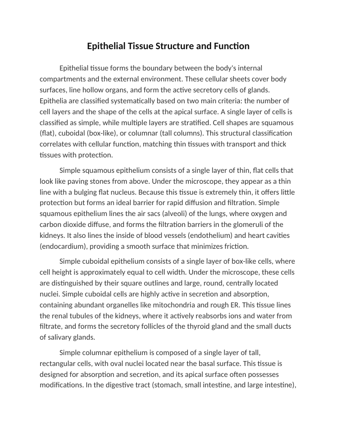 Epithelial Tissue Structure and Function Reading Worksheet sample page