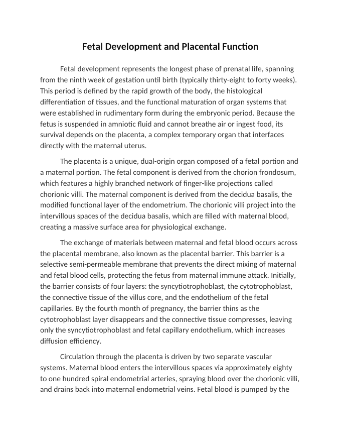 Fetal Development and Placental Function Reading Worksheet sample page