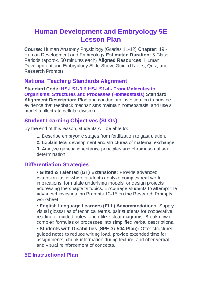 Human Development & Embryology 5E Lesson Plan sample page