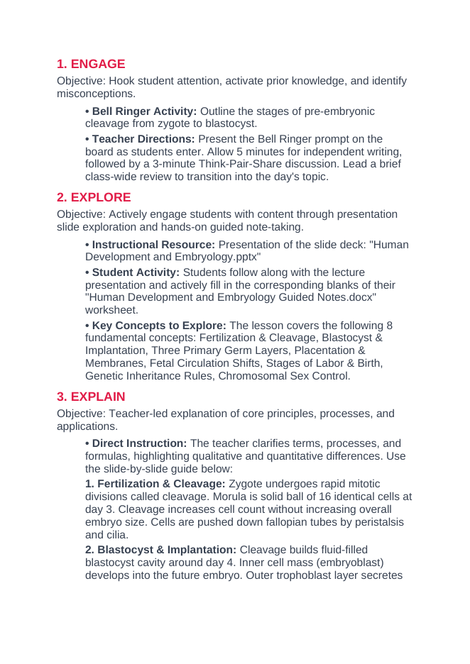 Human Development & Embryology 5E Lesson Plan sample page