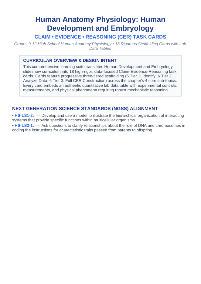 Human Development & Embryology CER Task Cards sample page