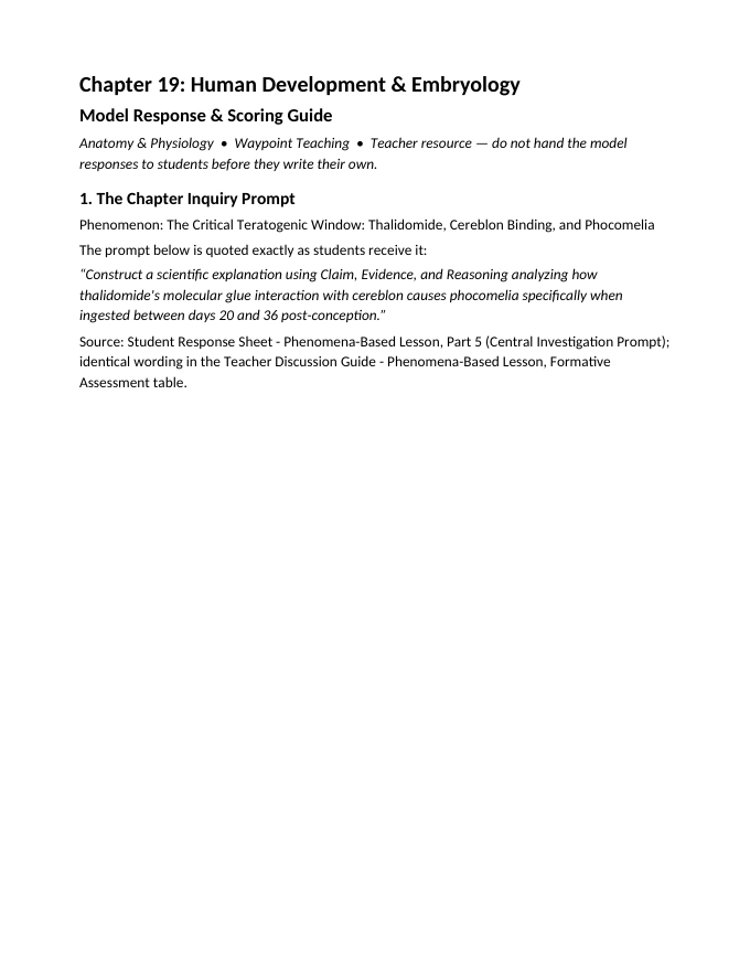 Human Development & Embryology Model Response & Scoring Guide sample page