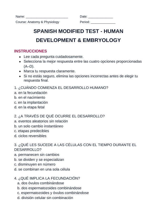 Human Development & Embryology Spanish Unit Test sample page