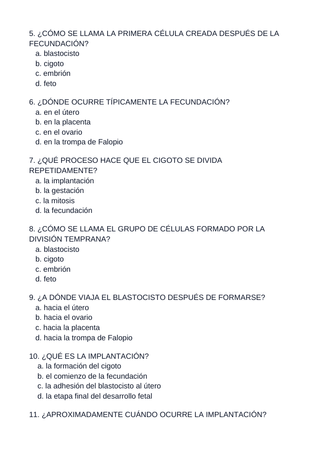 Human Development & Embryology Spanish Unit Test sample page