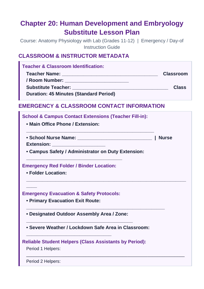 Human Development & Embryology Substitute Lesson Plan sample page