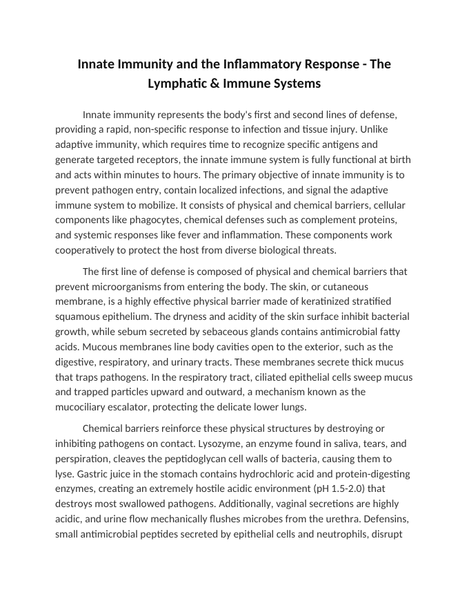 Innate Immunity and the Inflammatory Response Reading Worksheet sample page