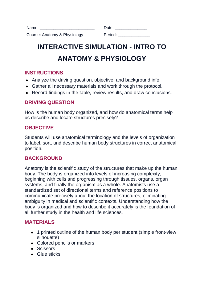 Introduction to Anatomy & Physiology Interactive Simulation sample page