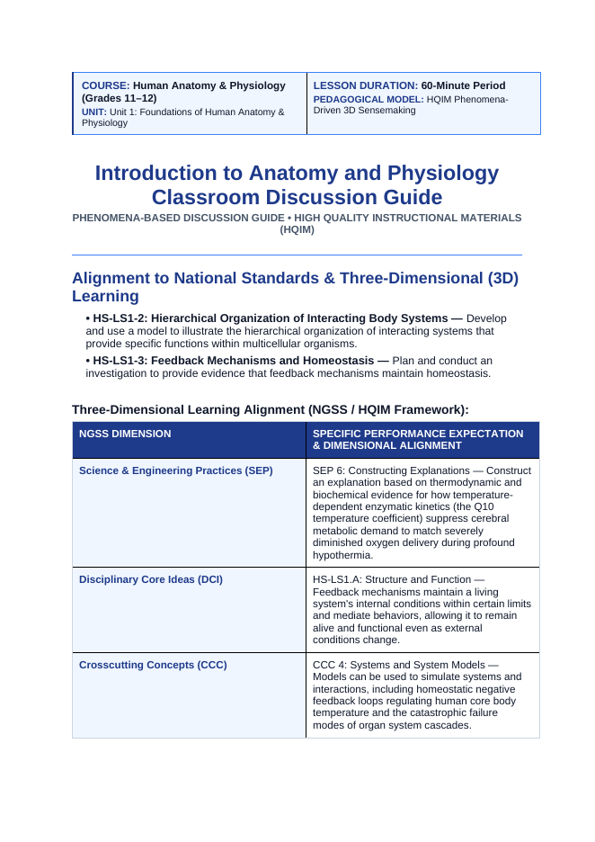 Introduction to Anatomy & Physiology Phenomena-Based Lesson: The Frozen Miracle: 80 Minutes Submerged at 13.7°C with Near-Complete Neurological Recovery Teacher Discussion Guide sample page
