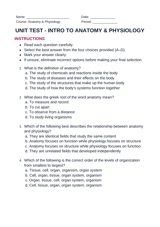 Introduction to Anatomy & Physiology Unit Test sample page