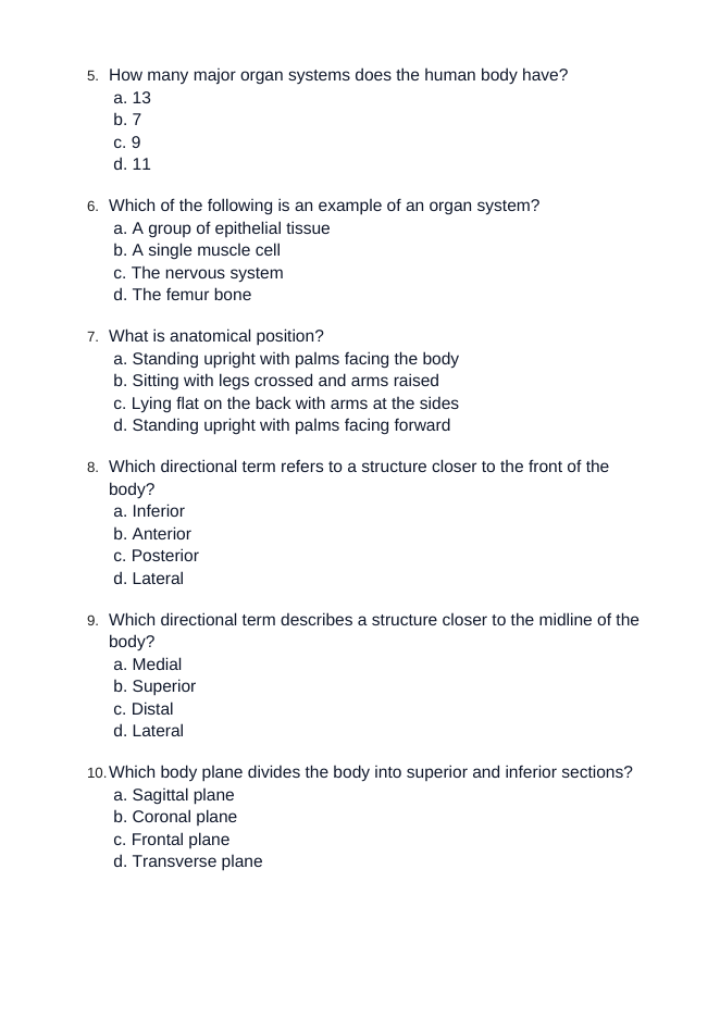 Introduction to Anatomy & Physiology Unit Test sample page