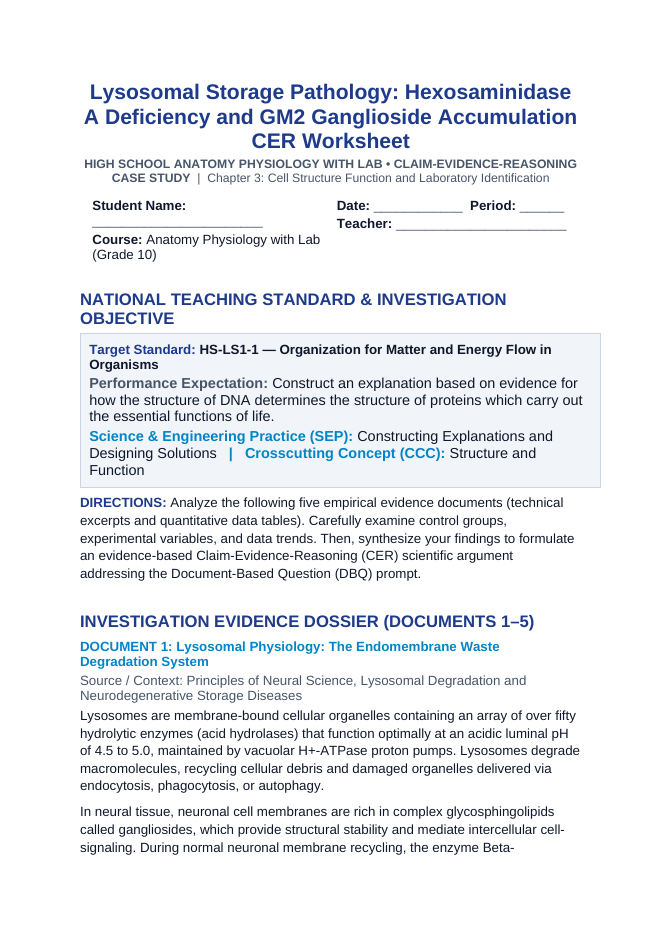 Lysosomal Storage Pathology: Hexosaminidase A Deficiency and GM2 Ganglioside Accumulation CER Phenomena Worksheet sample page