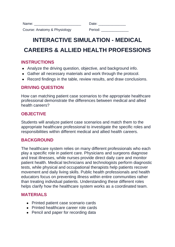 Medical Careers & Allied Health Professions Interactive Simulation sample page