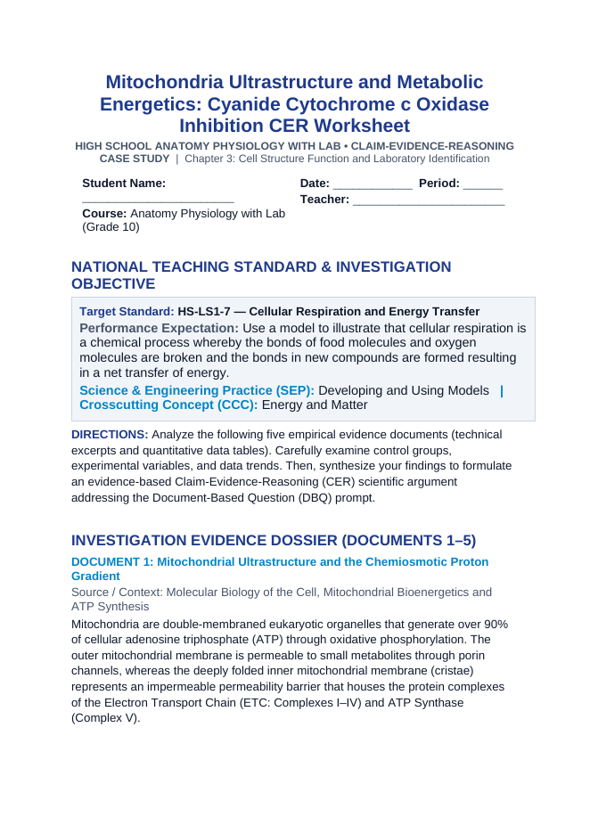 Mitochondria Ultrastructure and Metabolic Energetics: Cyanide Cytochrome c Oxidase Inhibition CER Phenomena Worksheet sample page