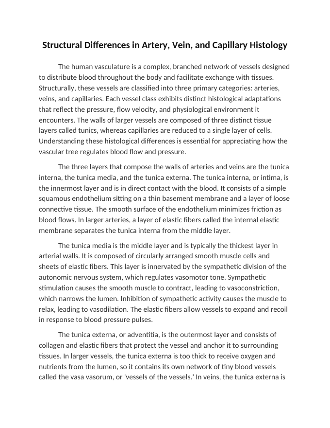 Structural Differences in Artery Vein and Capillary Histology Reading Worksheet sample page