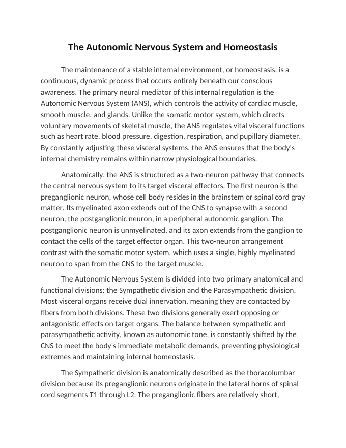 The Autonomic Nervous System and Homeostasis Reading Worksheet sample page