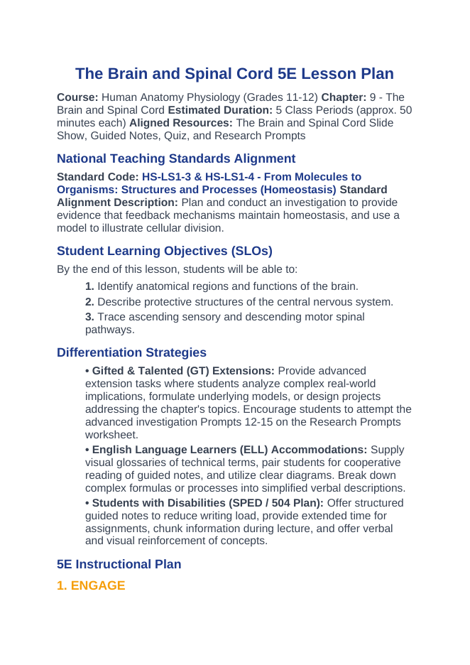 The Brain & Spinal Cord 5E Lesson Plan sample page