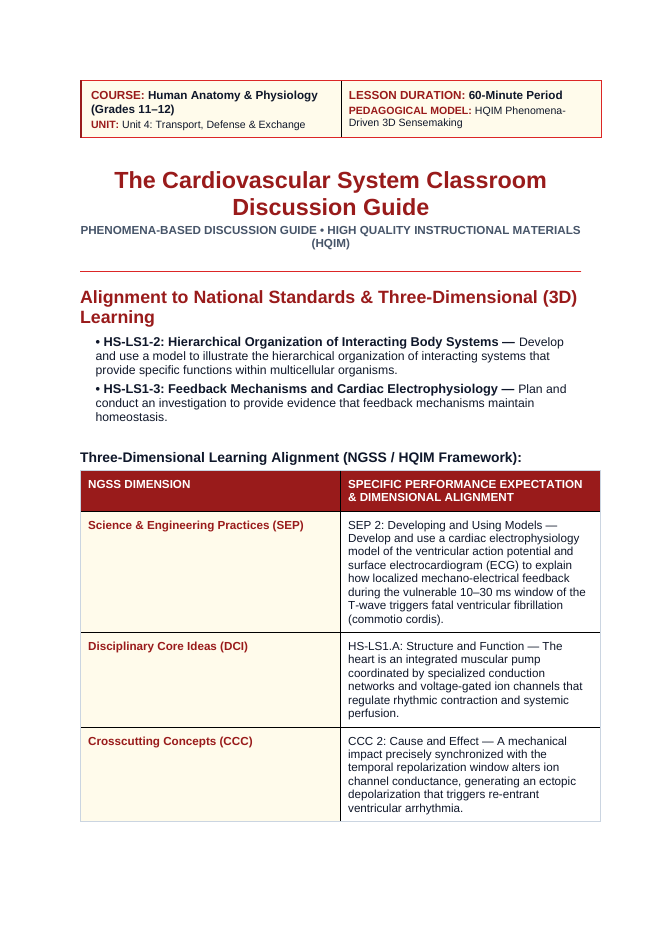 The Cardiovascular System Phenomena-Based Lesson: The 10–30 ms Window: Why a Baseball Impact Can Instantly Stop a Healthy Heart Teacher Discussion Guide sample page