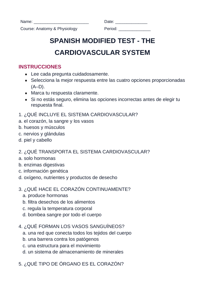 The Cardiovascular System Spanish Unit Test sample page