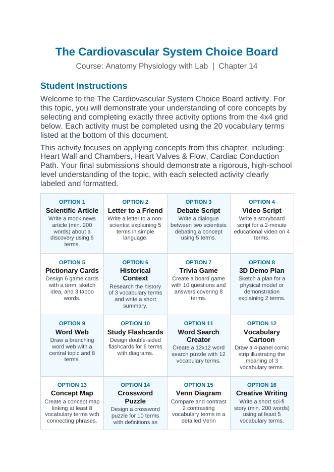 The Cardiovascular System Vocabulary Choice Board sample page
