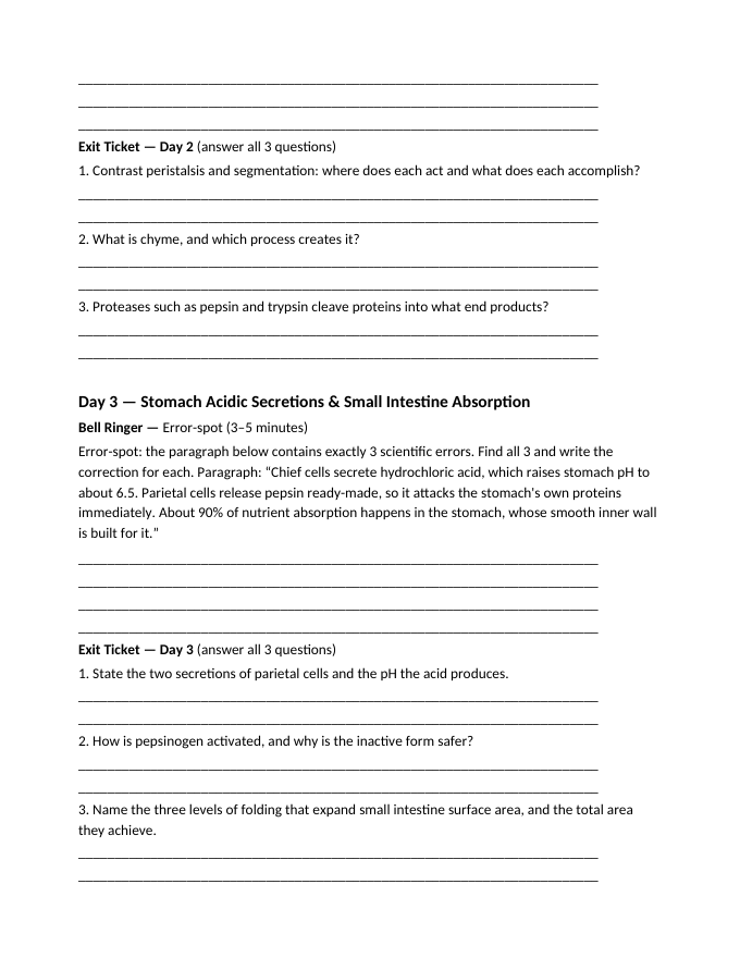The Digestive System Bell Ringers & Exit Tickets sample page