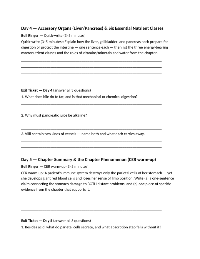The Digestive System Bell Ringers & Exit Tickets sample page