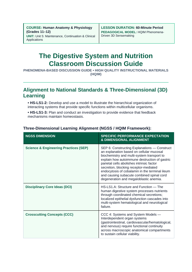 The Digestive System Phenomena-Based Lesson: The Silent Neuro-Hematological Crisis: Pernicious Anemia and Gastric Parietal Autoimmunity Teacher Discussion Guide sample page