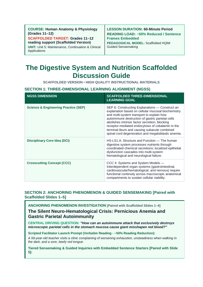 The Digestive System Scaffolded Phenomena-Based Lesson: The Silent Neuro-Hematological Crisis: Pernicious Anemia and Gastric Parietal Autoimmunity Teacher Discussion Guide sample page