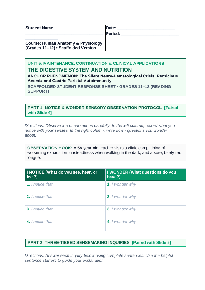 The Digestive System Scaffolded Phenomena-Based Lesson: The Silent Neuro-Hematological Crisis: Pernicious Anemia and Gastric Parietal Autoimmunity Student Response Sheet sample page