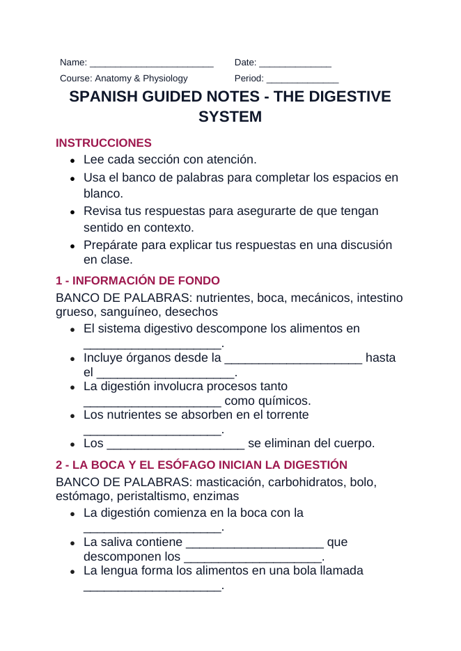 The Digestive System Spanish Guided Notes sample page