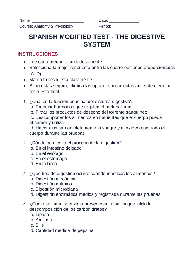 The Digestive System Spanish Unit Test sample page
