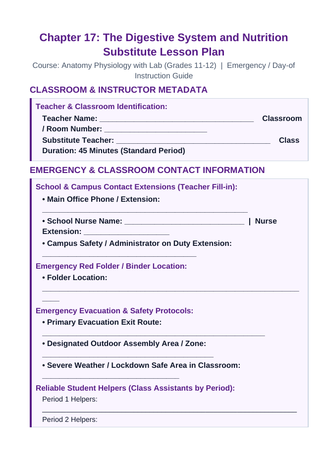 The Digestive System Substitute Lesson Plan sample page