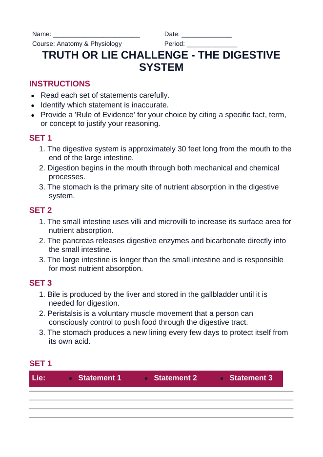 The Digestive System Truth or Lie Challenge sample page