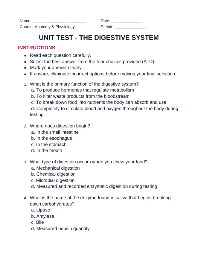 The Digestive System Unit Test sample page