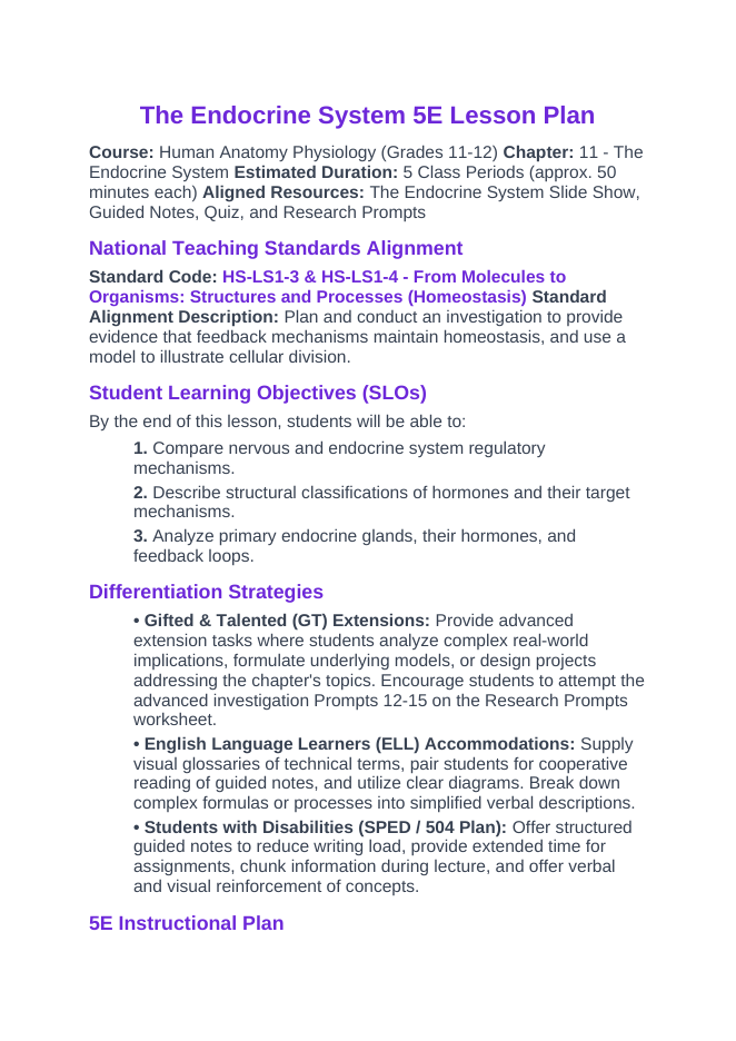 The Endocrine System 5E Lesson Plan sample page