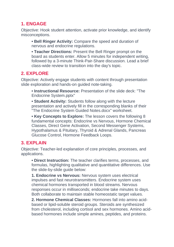 The Endocrine System 5E Lesson Plan sample page
