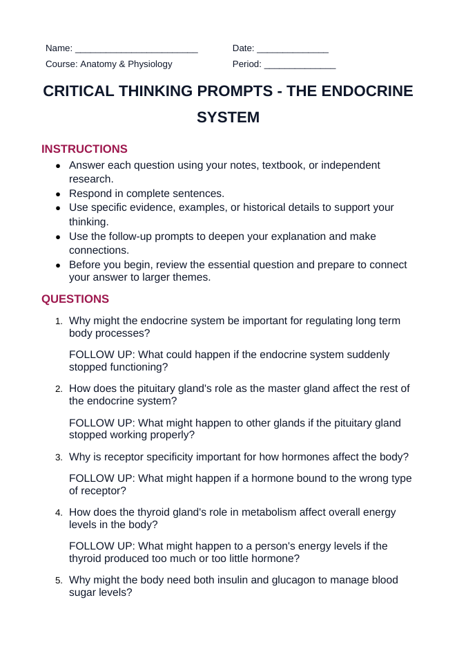 The Endocrine System Critical Thinking Prompts sample page