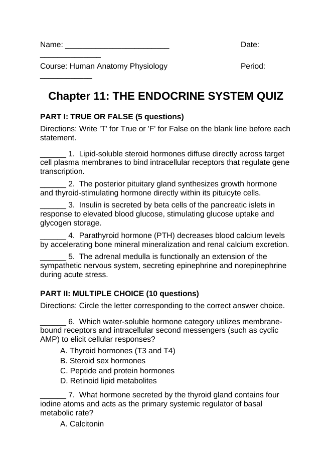 The Endocrine System Lesson Quiz sample page