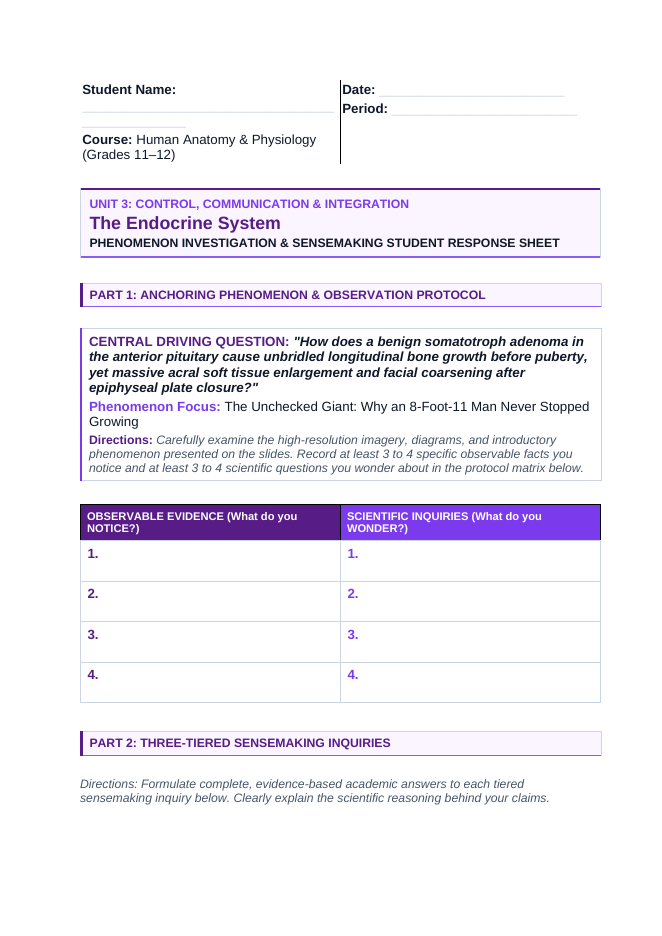The Endocrine System Phenomena-Based Lesson: The Unchecked Giant: Why an 8-Foot-11 Man Never Stopped Growing Student Response Sheet sample page