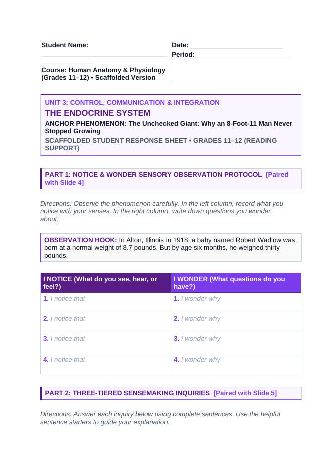 The Endocrine System Scaffolded Phenomena-Based Lesson: The Unchecked Giant: Why an 8-Foot-11 Man Never Stopped Growing Student Response Sheet sample page