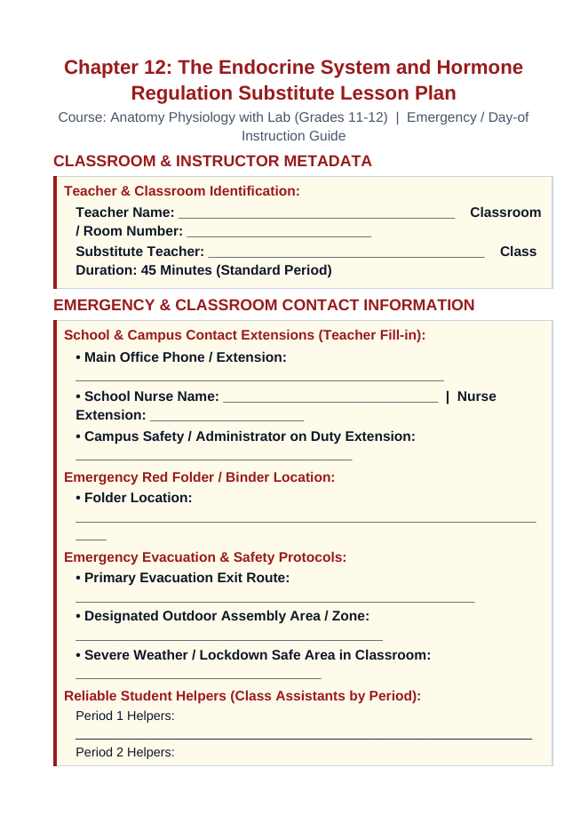 The Endocrine System Substitute Lesson Plan sample page