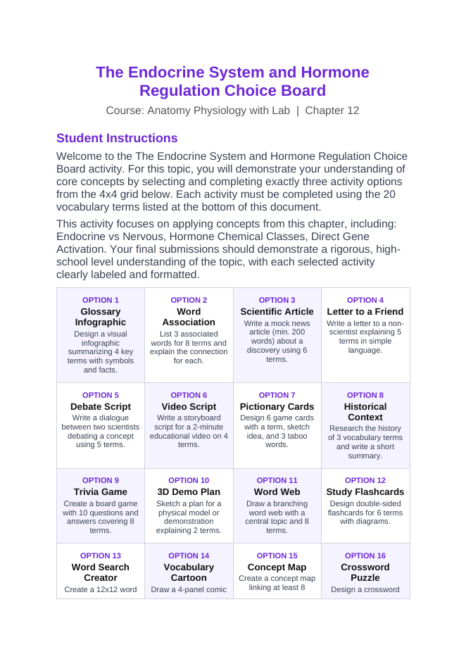 The Endocrine System Vocabulary Choice Board sample page