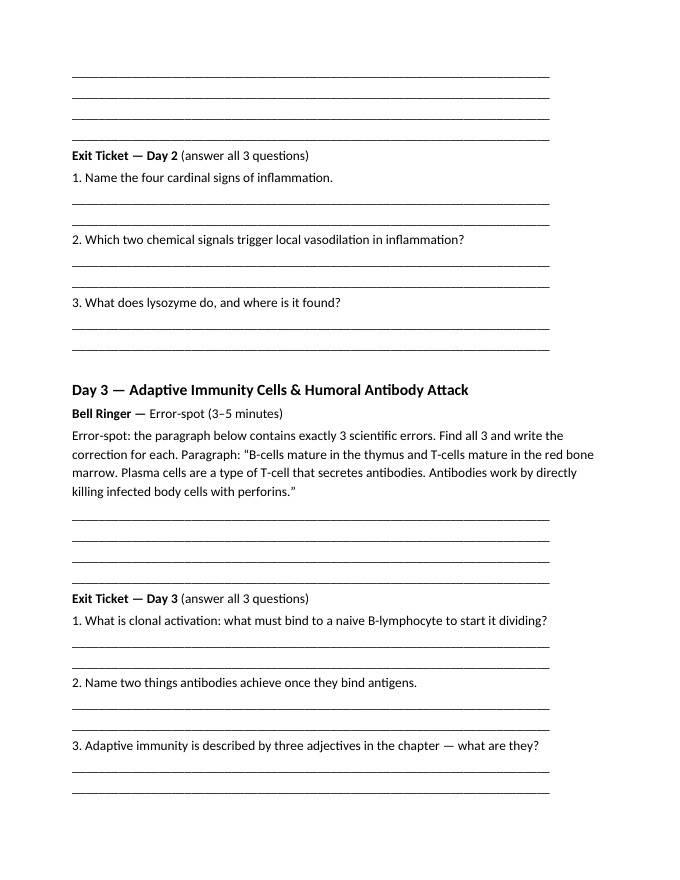 The Immune & Lymphatic Systems Bell Ringers & Exit Tickets sample page