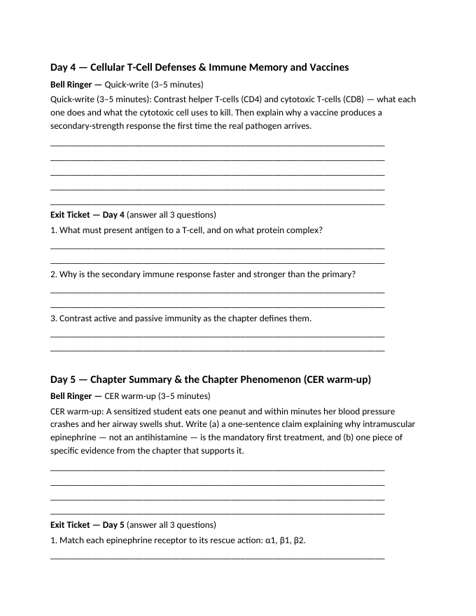 The Immune & Lymphatic Systems Bell Ringers & Exit Tickets sample page