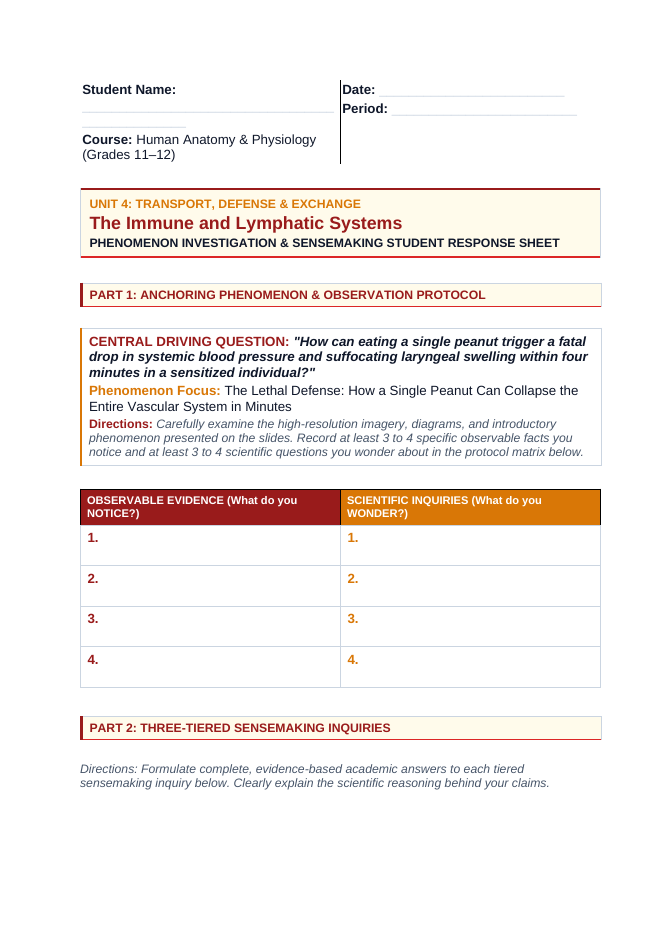 The Immune & Lymphatic Systems Phenomena-Based Lesson: The Lethal Defense: How a Single Peanut Can Collapse the Entire Vascular System in Minutes Student Response Sheet sample page