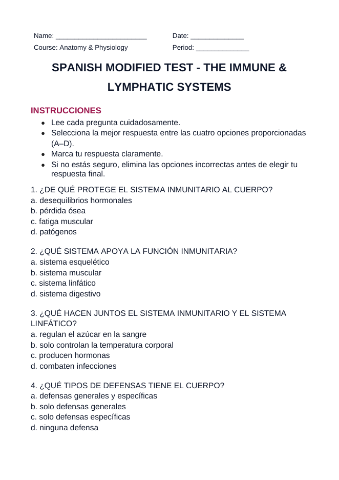The Immune & Lymphatic Systems Spanish Unit Test sample page
