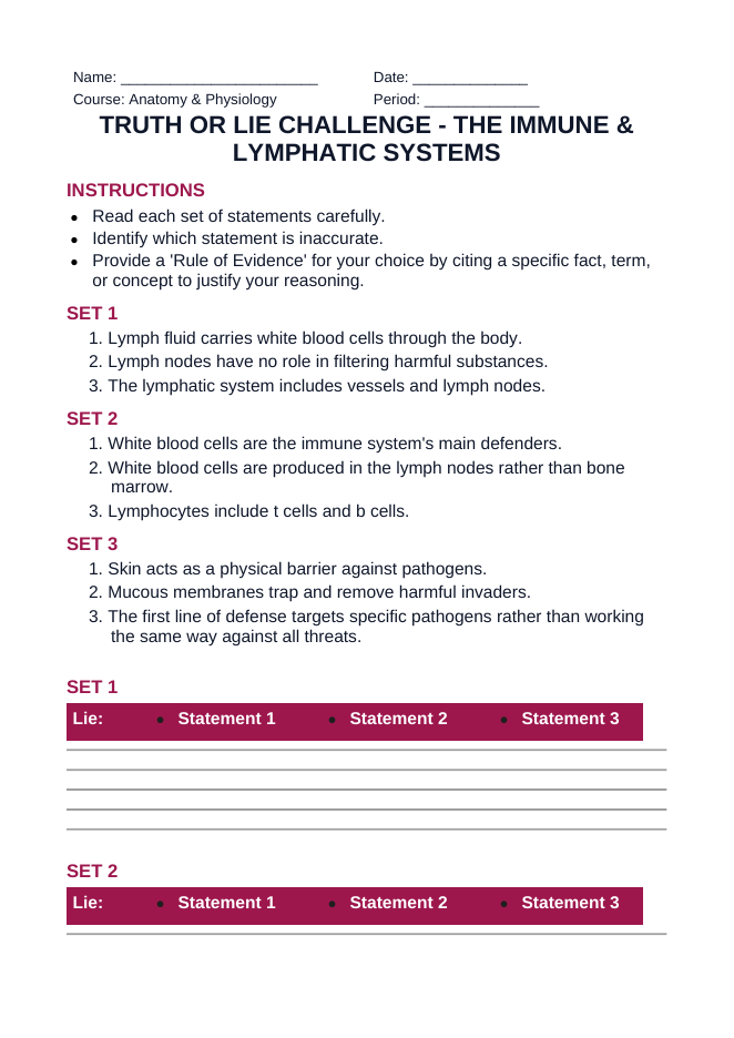 The Immune & Lymphatic Systems Truth or Lie Challenge sample page