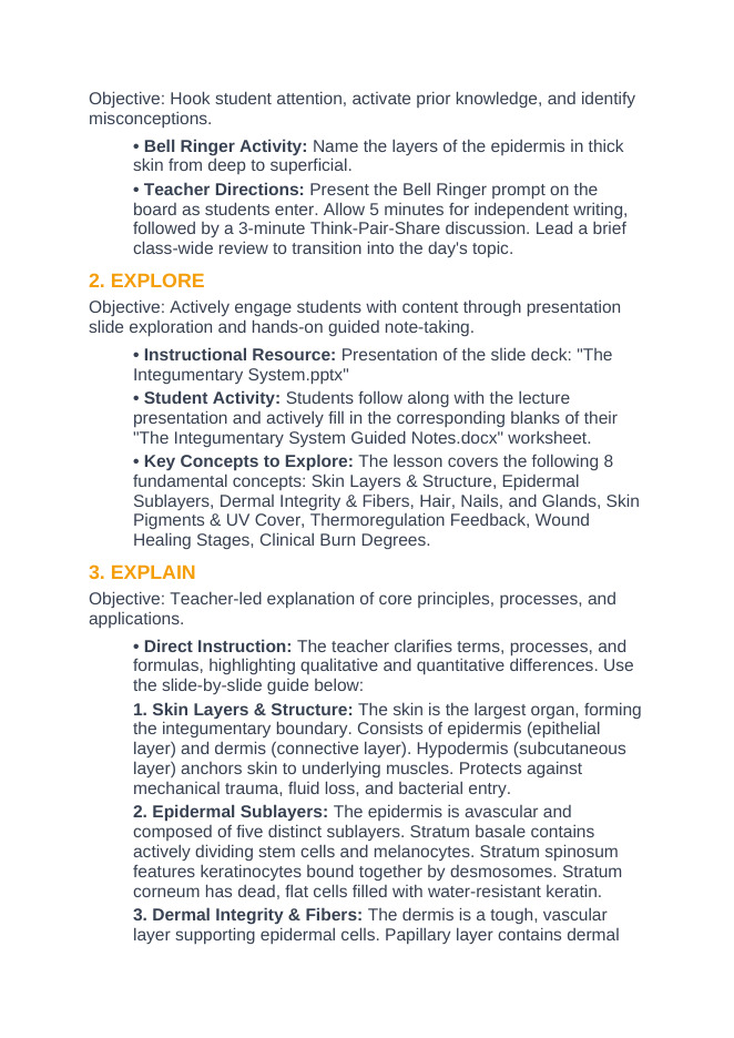 The Integumentary System 5E Lesson Plan sample page
