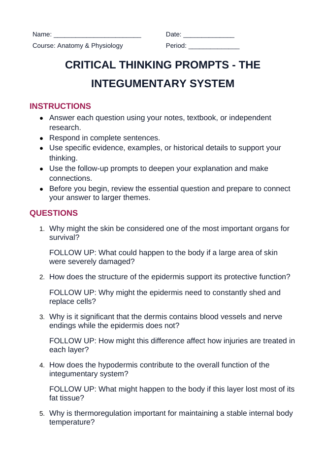 The Integumentary System Critical Thinking Prompts sample page